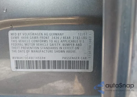 2008 Volkswagen Passat Komfort из США, поврежденный, VIN WVWAK73C48E145599